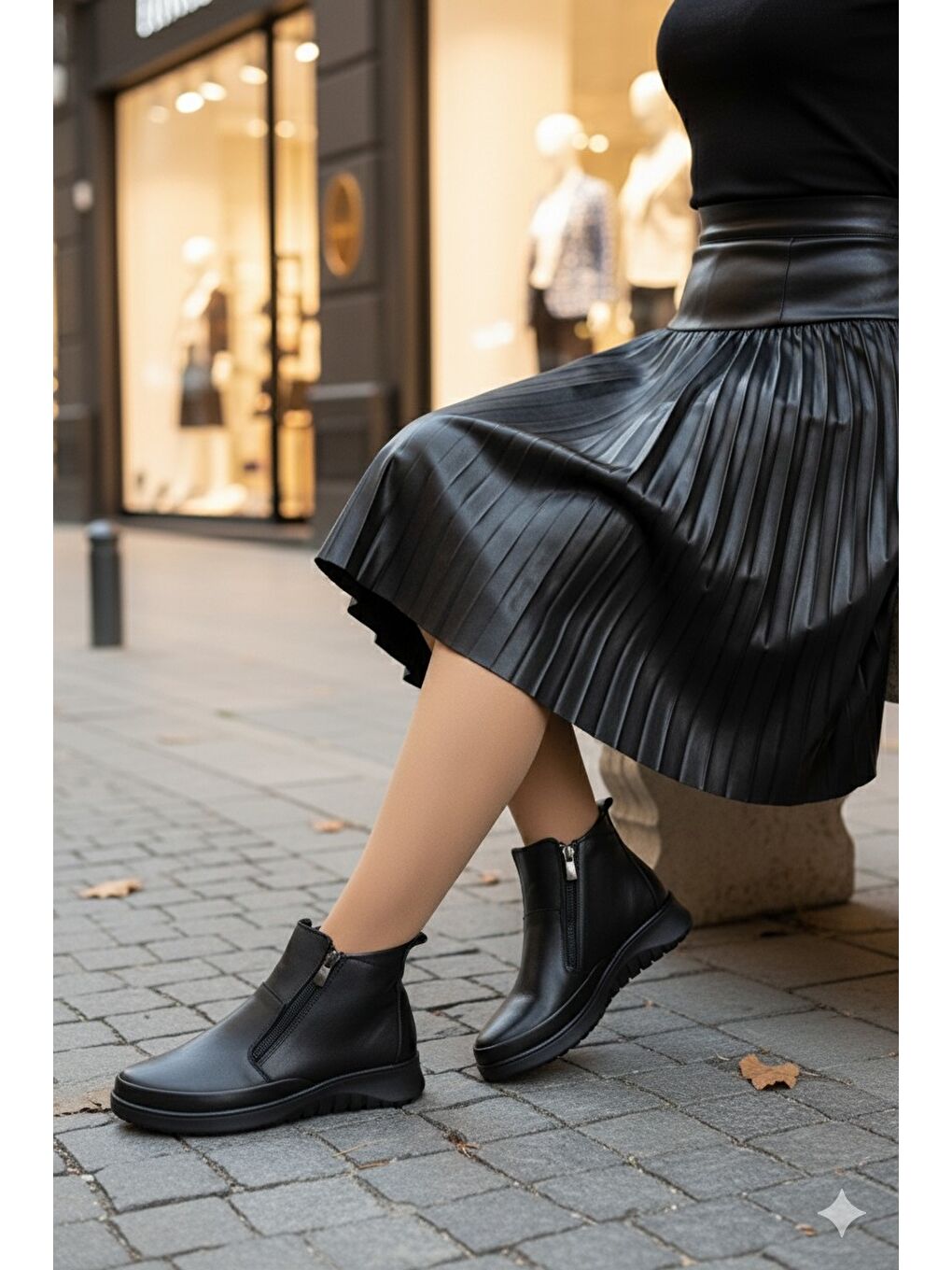 Siyah FENİKS Hakiki Deri Çift Fermuarlı Kadın Bot-7