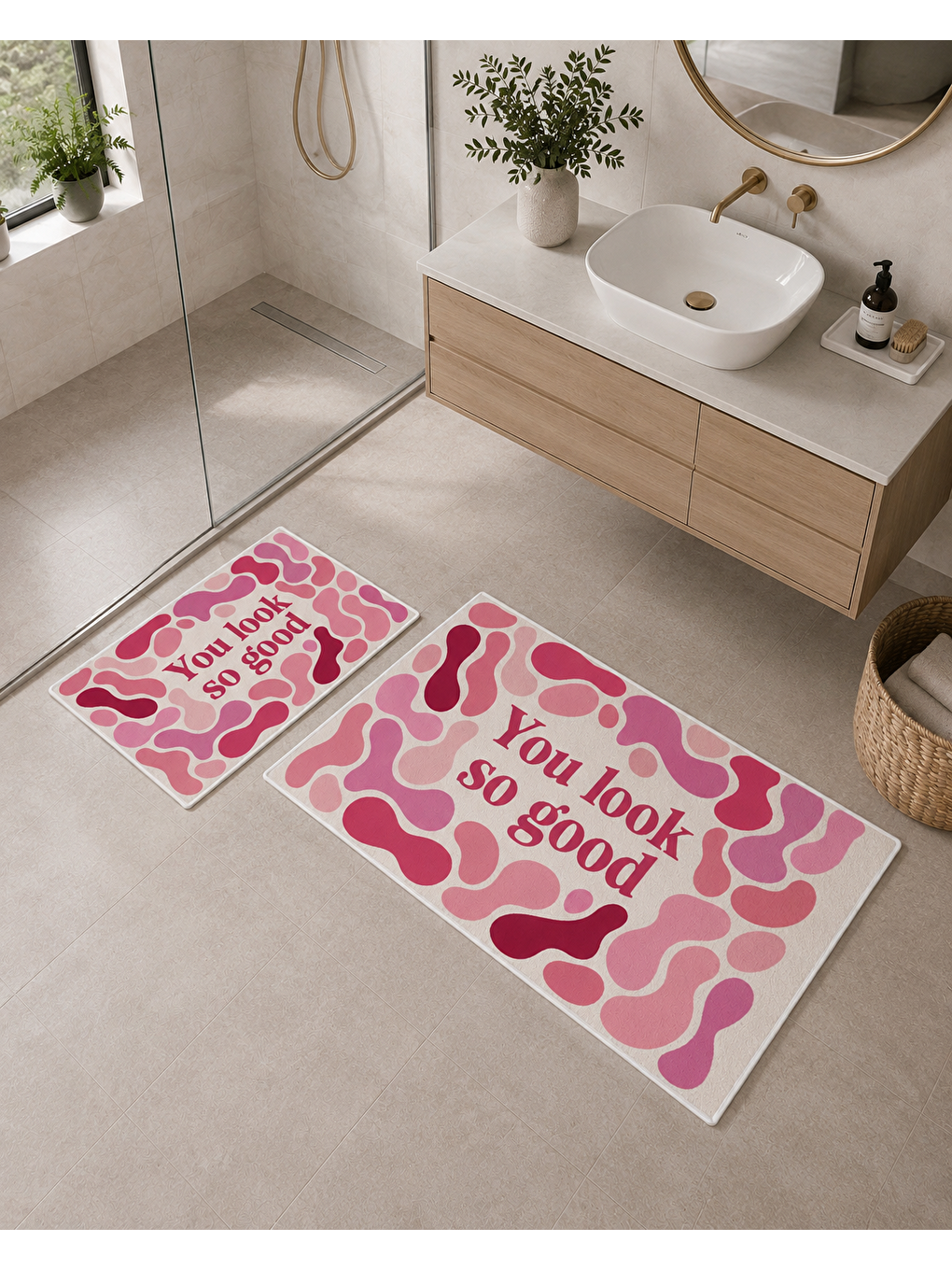 Pembe Beyaz Retro Dalga ve You Look So Good Yazılı Banyo Paspası Dot Taban Üstü Kadife-3