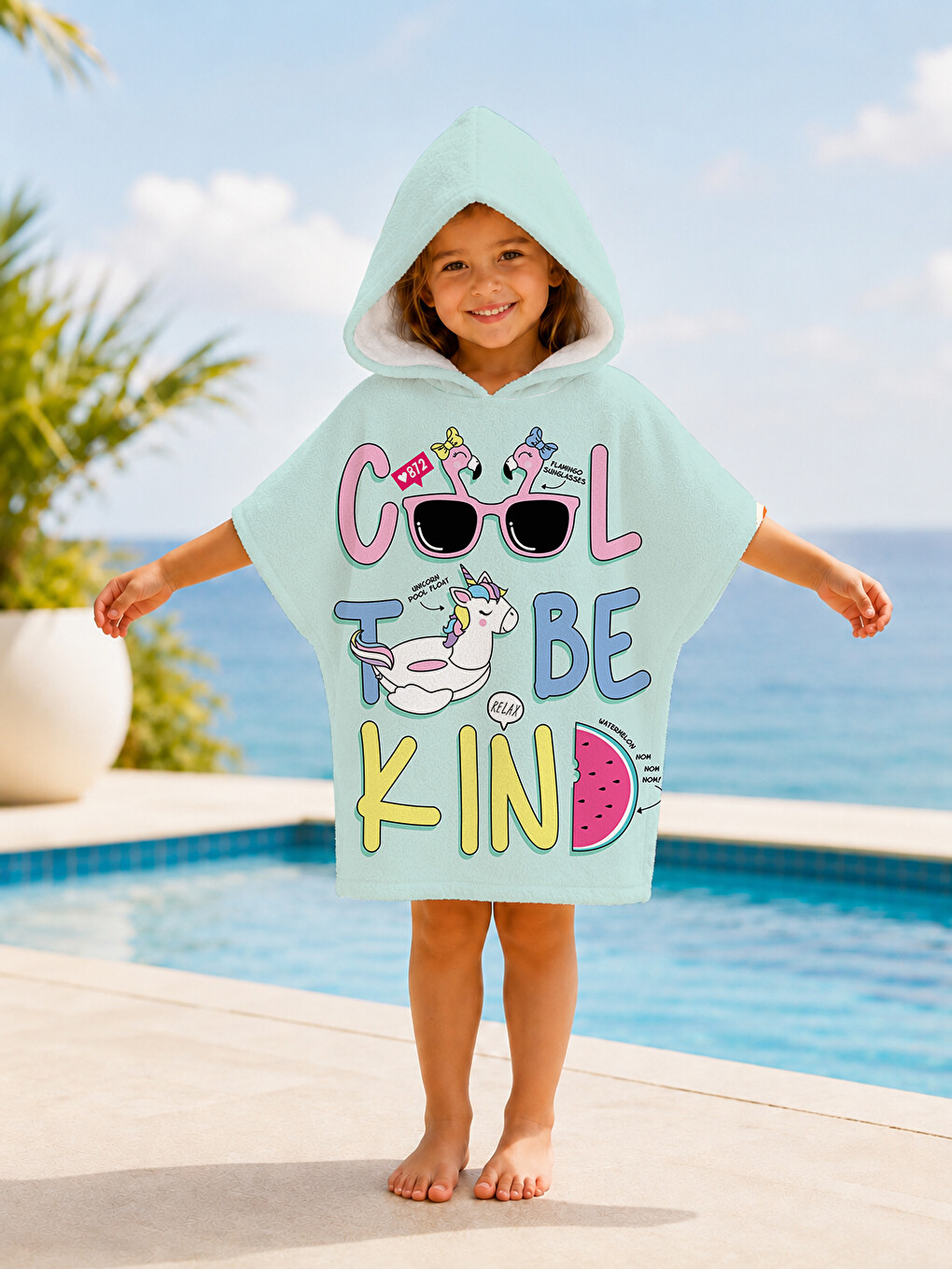 Karışık 100642 – Erkek Çocuk Cool Bear Baskılı Panço Havlu 60x60 cm Kapüşonlu Havuz Pançosu-1