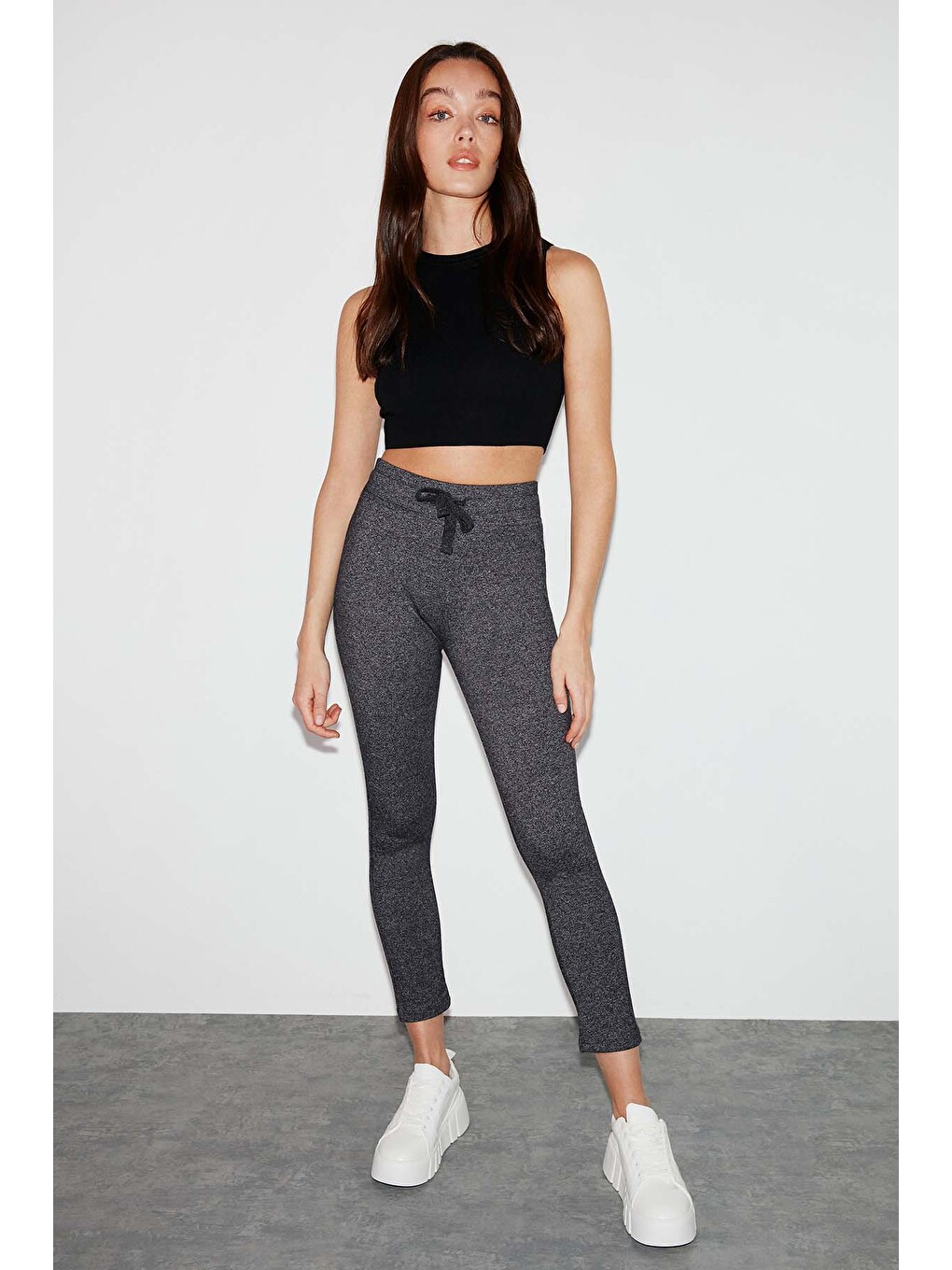 Judy Kadın Slim Fit Beli Lastikli Bağlamalı Basic Koyu Gri Tayt
