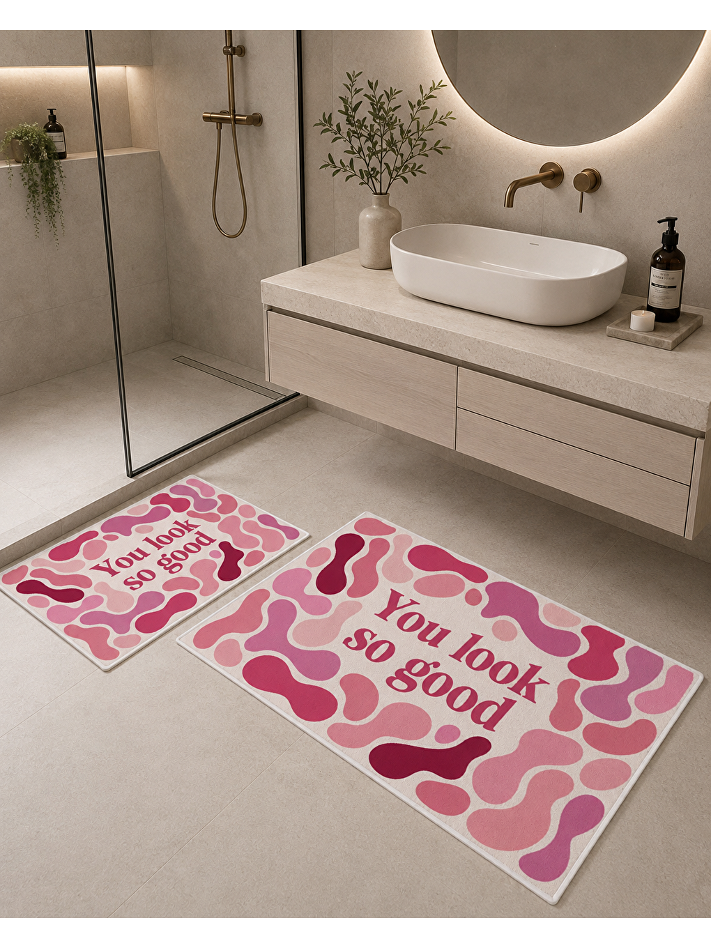 Pembe Beyaz Retro Dalga ve You Look So Good Yazılı Banyo Paspası Dot Taban Üstü Kadife-4