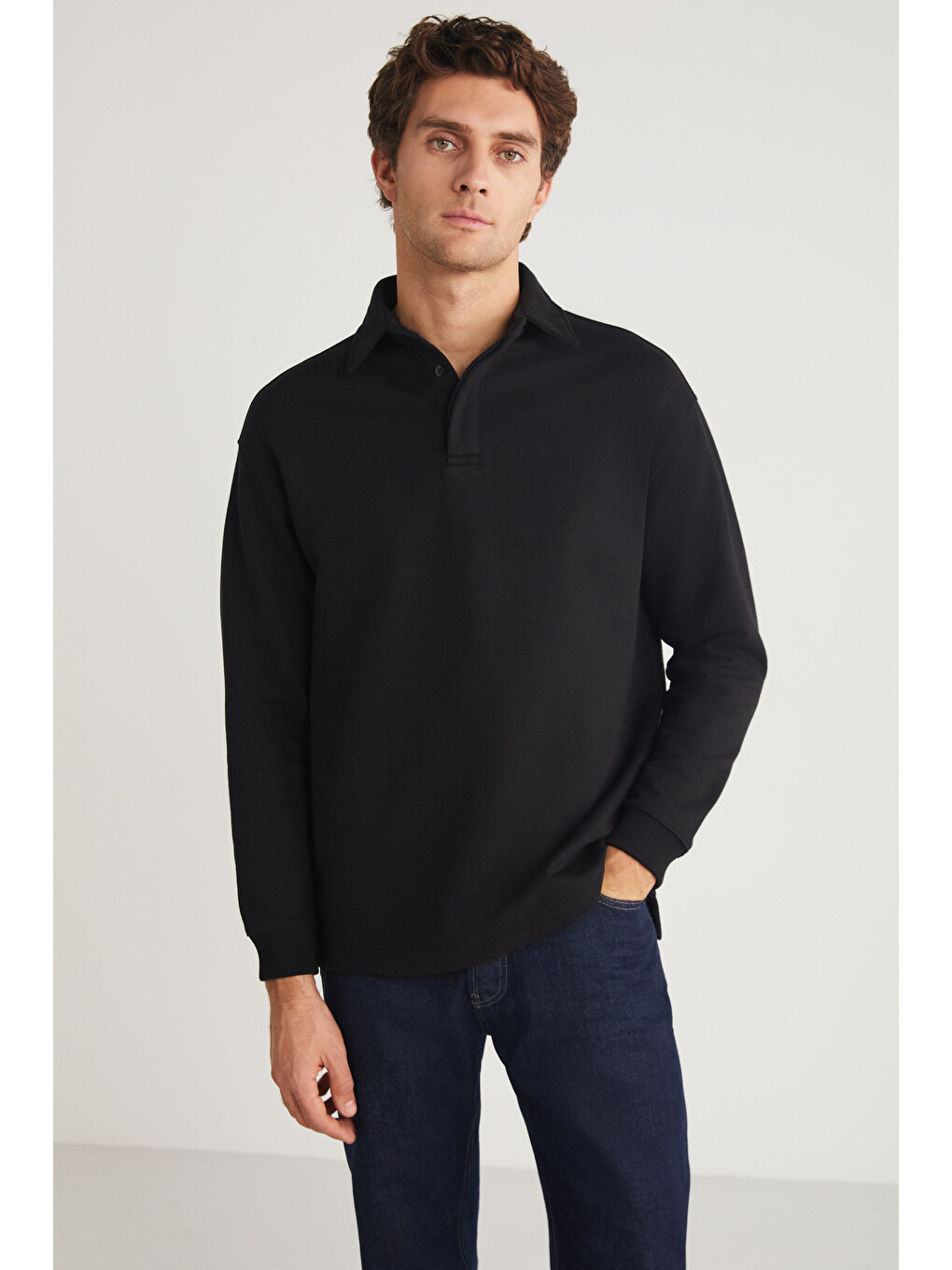 John Erkek Polo Sweat Gömlek Yakalı Organik Pamuklu Yırtmaçlı İçi Polarsız Siyah Sweatshirt