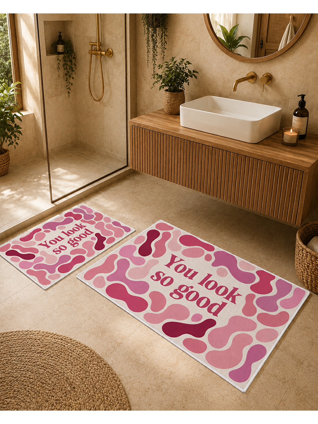Pembe Beyaz Retro Dalga ve You Look So Good Yazılı Banyo Paspası Dot Taban Üstü Kadife-5