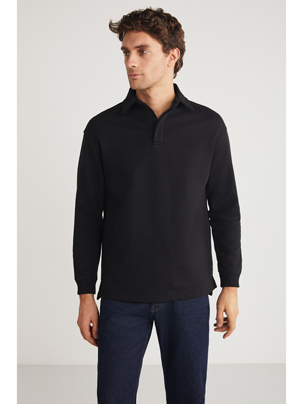 John Erkek Polo Sweat Gömlek Yakalı Organik Pamuklu Yırtmaçlı İçi Polarsız Siyah Sweatshirt-1