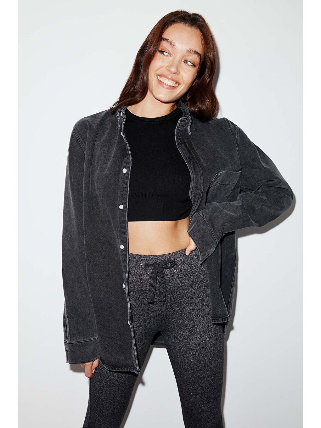 Judy Kadın Slim Fit Beli Lastikli Bağlamalı Basic Koyu Gri Tayt-2