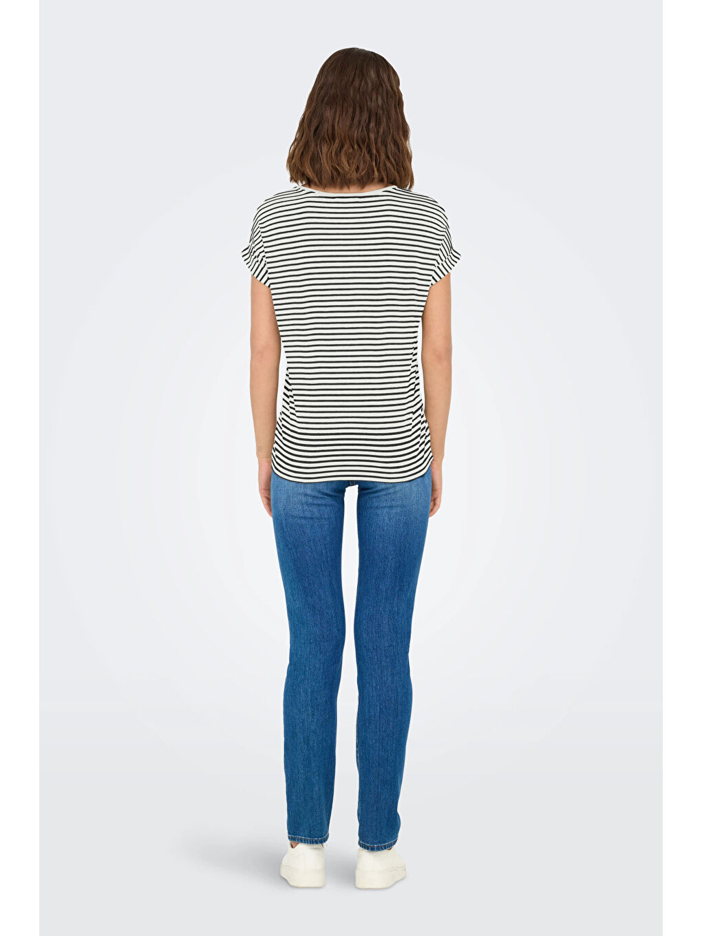 Siyah Onlmoster Streç Çizgili Regular Fit Bisiklet Yaka Kadın T Shirt 15206243-1