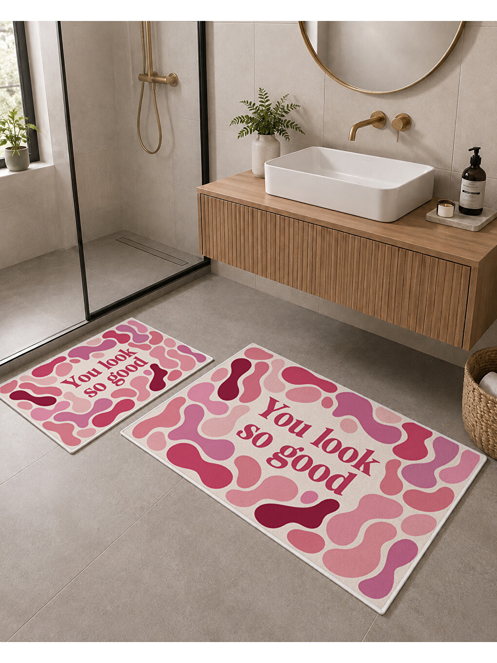 Pembe Beyaz Retro Dalga ve You Look So Good Yazılı Banyo Paspası Dot Taban Üstü Kadife-6