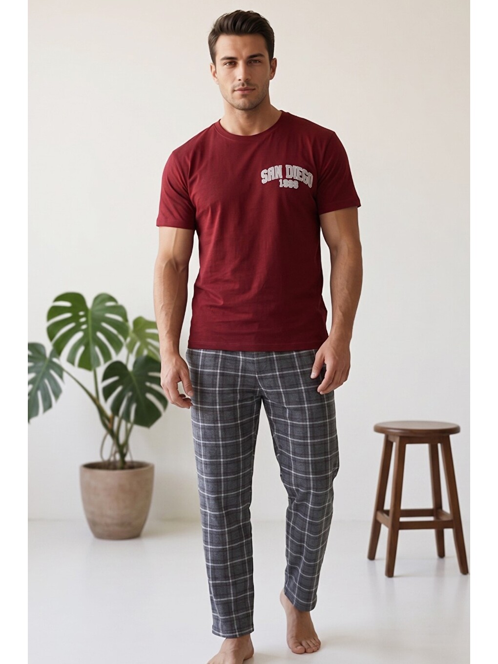 Bordo Laci̇vert Ekose Desenli Baskılı Örme Kısa Kollu Pijama Takım 8004-1