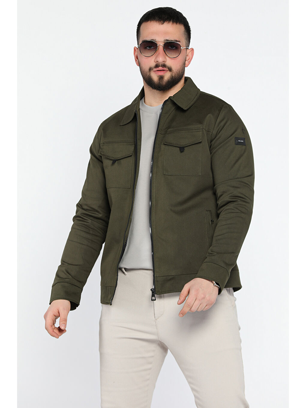Haki Cep Cırtlı Fermuarlı Astarlı Erkek Jean Ceket