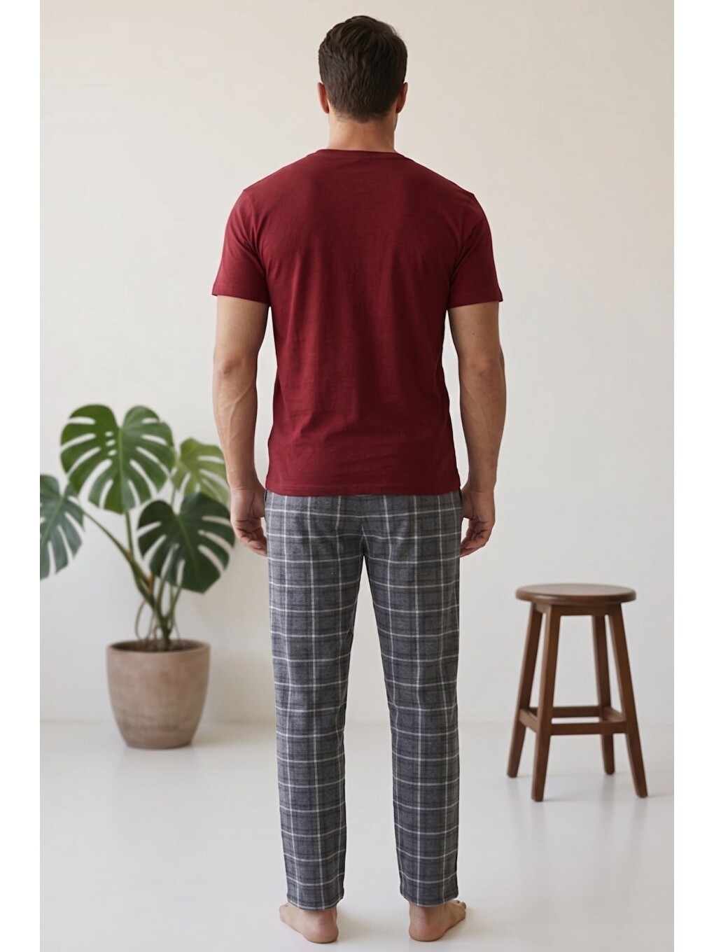 Bordo Laci̇vert Ekose Desenli Baskılı Örme Kısa Kollu Pijama Takım 8004-2