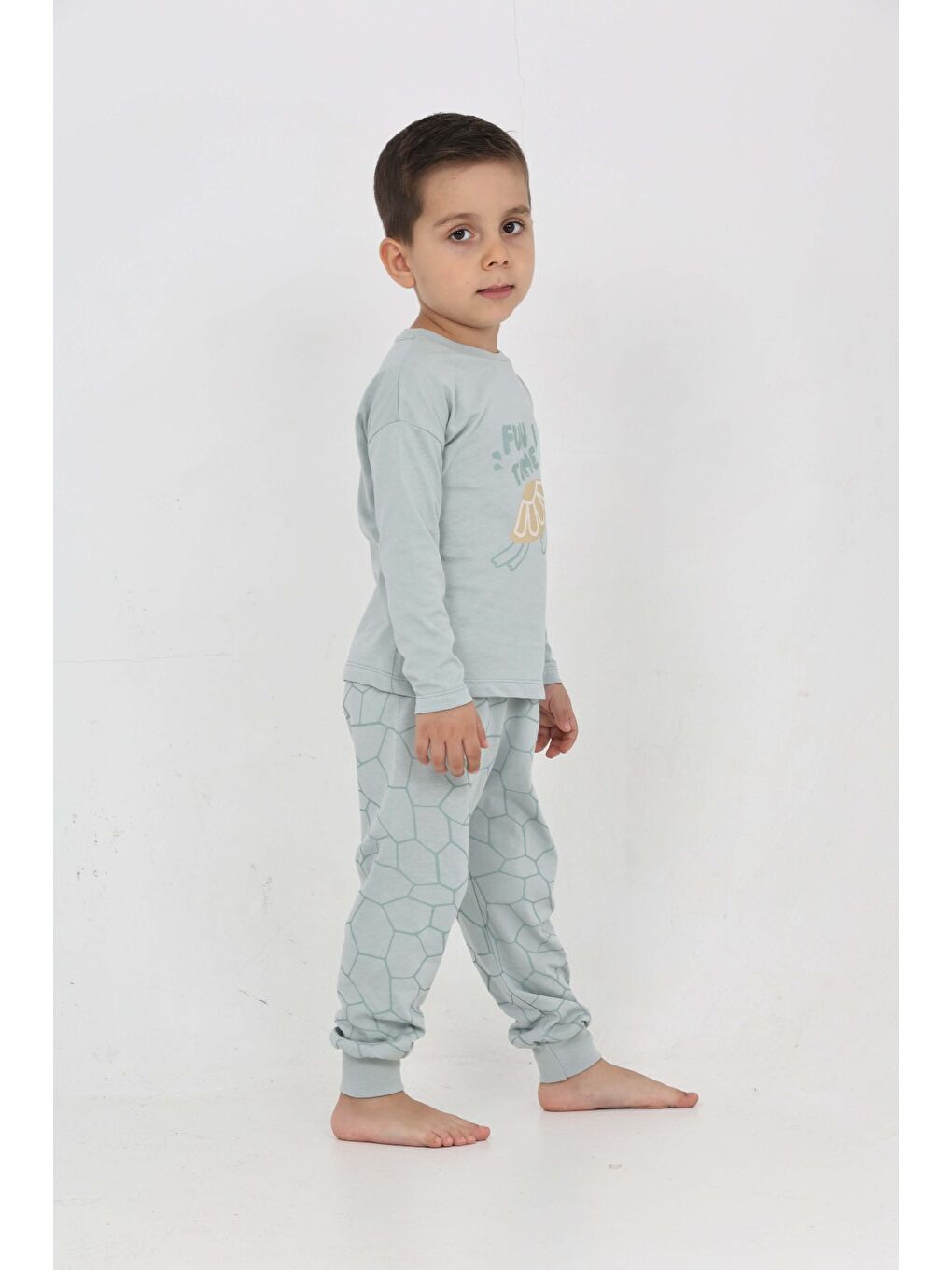 Gri Erkek Çocuk Kaplumbağa Baskılı Pijama Takım-1