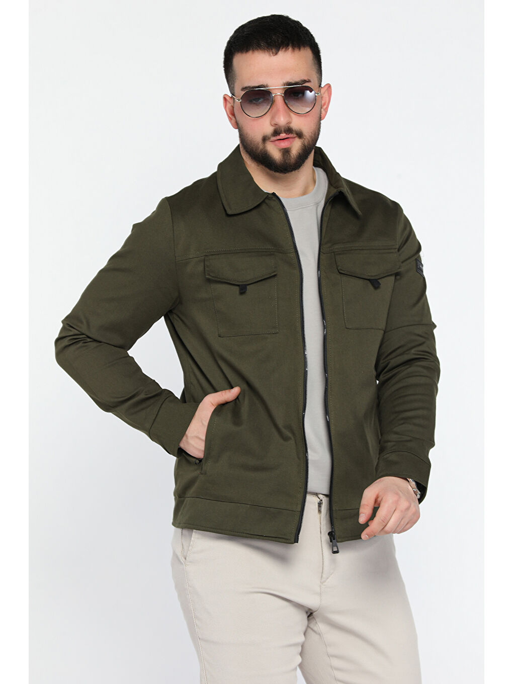 Haki Cep Cırtlı Fermuarlı Astarlı Erkek Jean Ceket-1