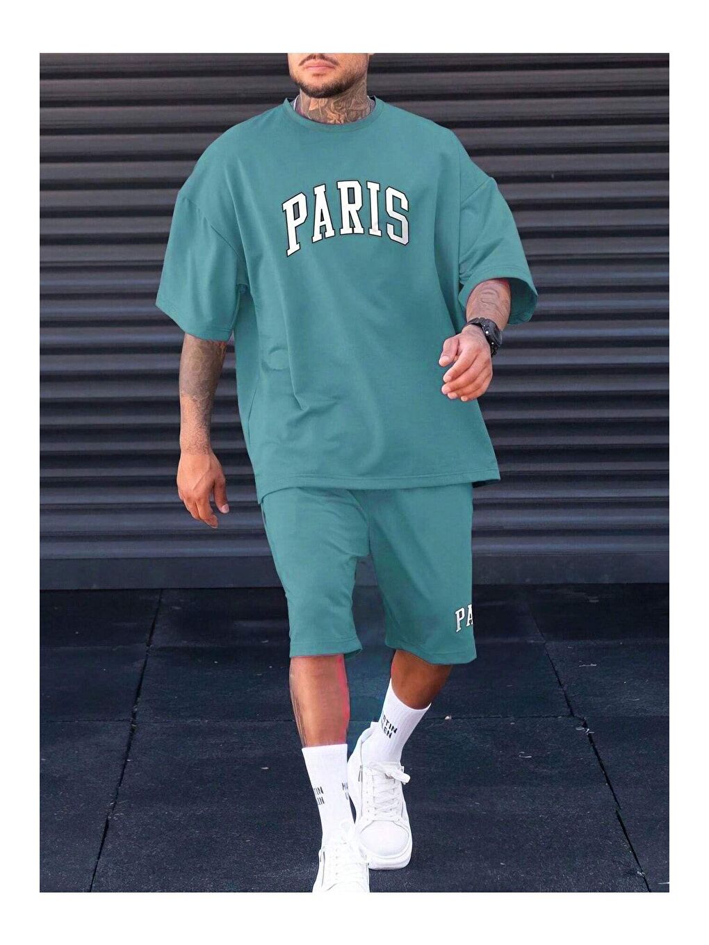 Trendseninle Yeşil Erkek Mint Paris Baskılı Oversize Şortlu Takım