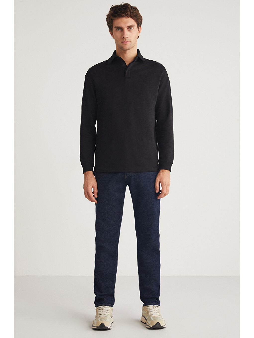 John Erkek Polo Sweat Gömlek Yakalı Organik Pamuklu Yırtmaçlı İçi Polarsız Siyah Sweatshirt-2