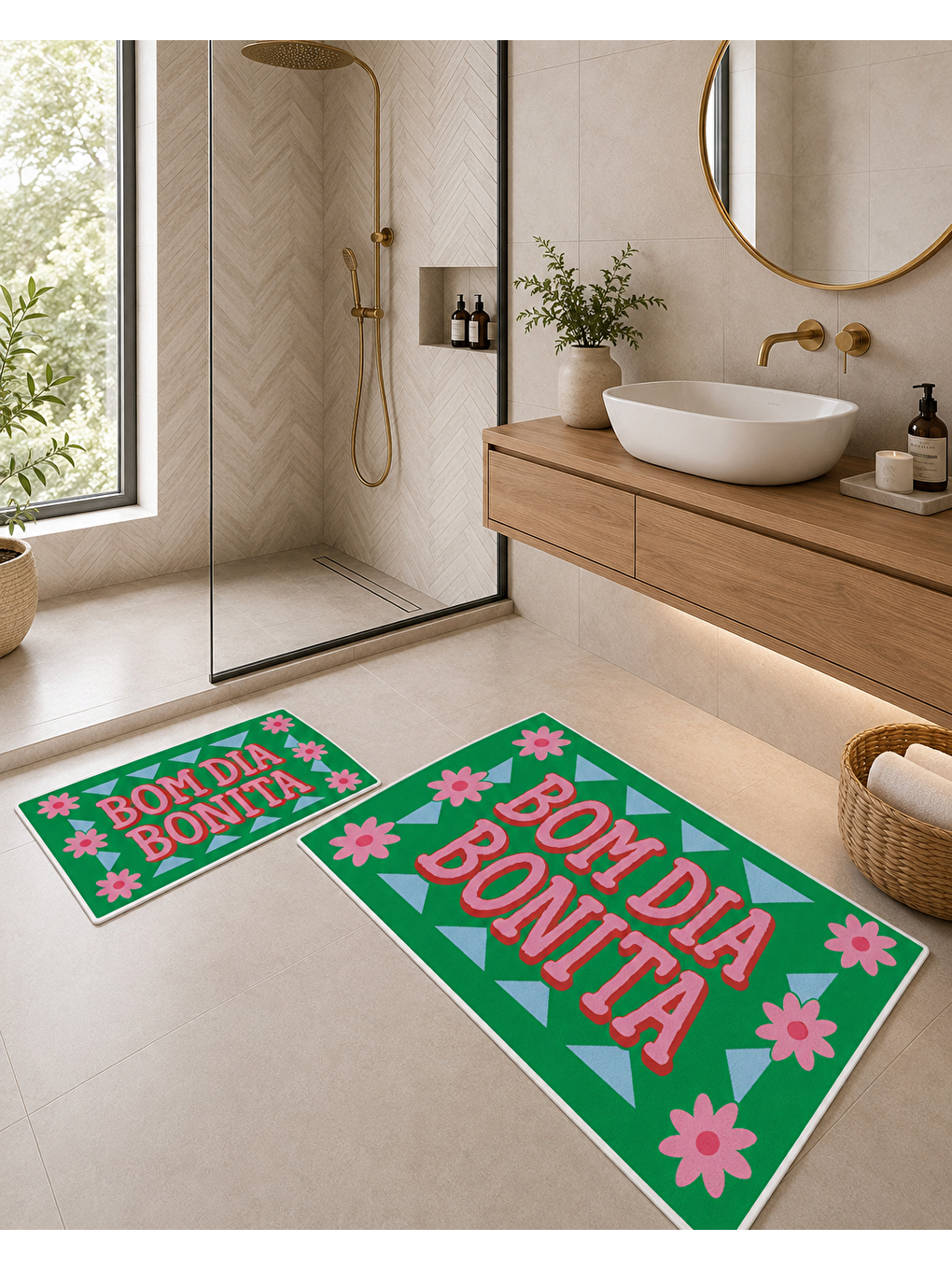 Yeşil Pembe Bon Dia Bonita Yazılı Banyo Paspası Dot Taban Üstü Kadife-1