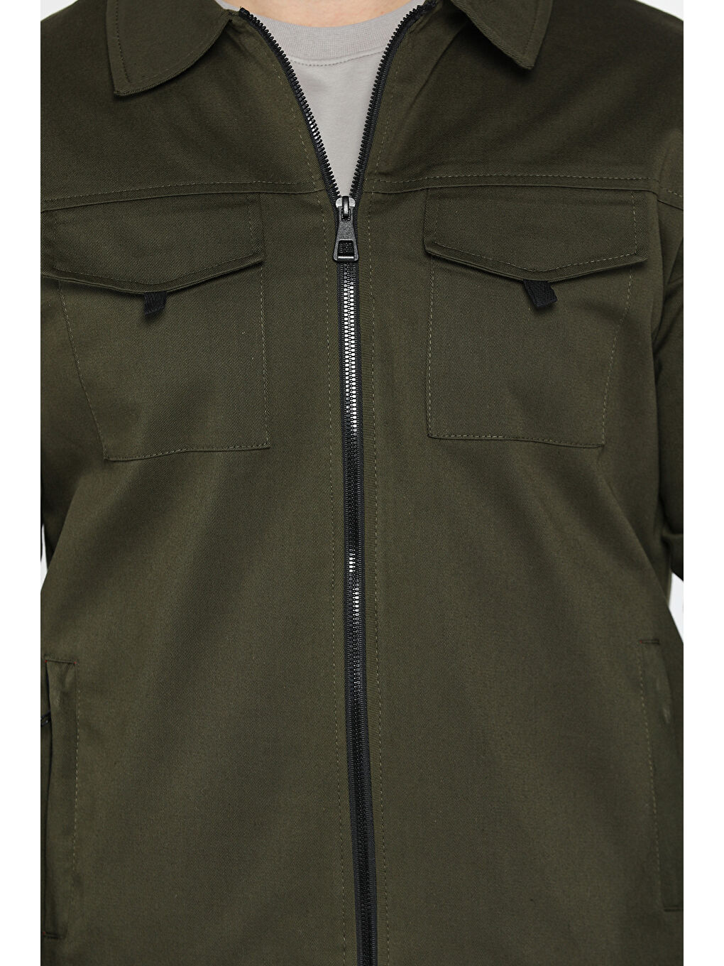 Haki Cep Cırtlı Fermuarlı Astarlı Erkek Jean Ceket-3