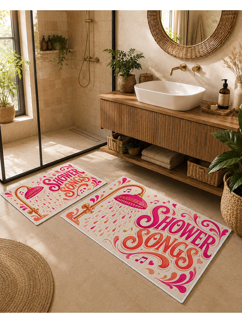 Pembe Retro Yazılı Duş Temalı Banyo Paspası Dot Taban Üstü Kadife-1