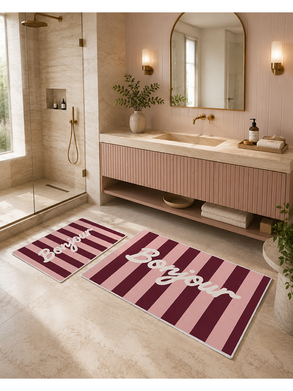 Bordo Çizgili Bonjour Yazılı Banyo Paspası Dot Taban Üstü Kadife-1