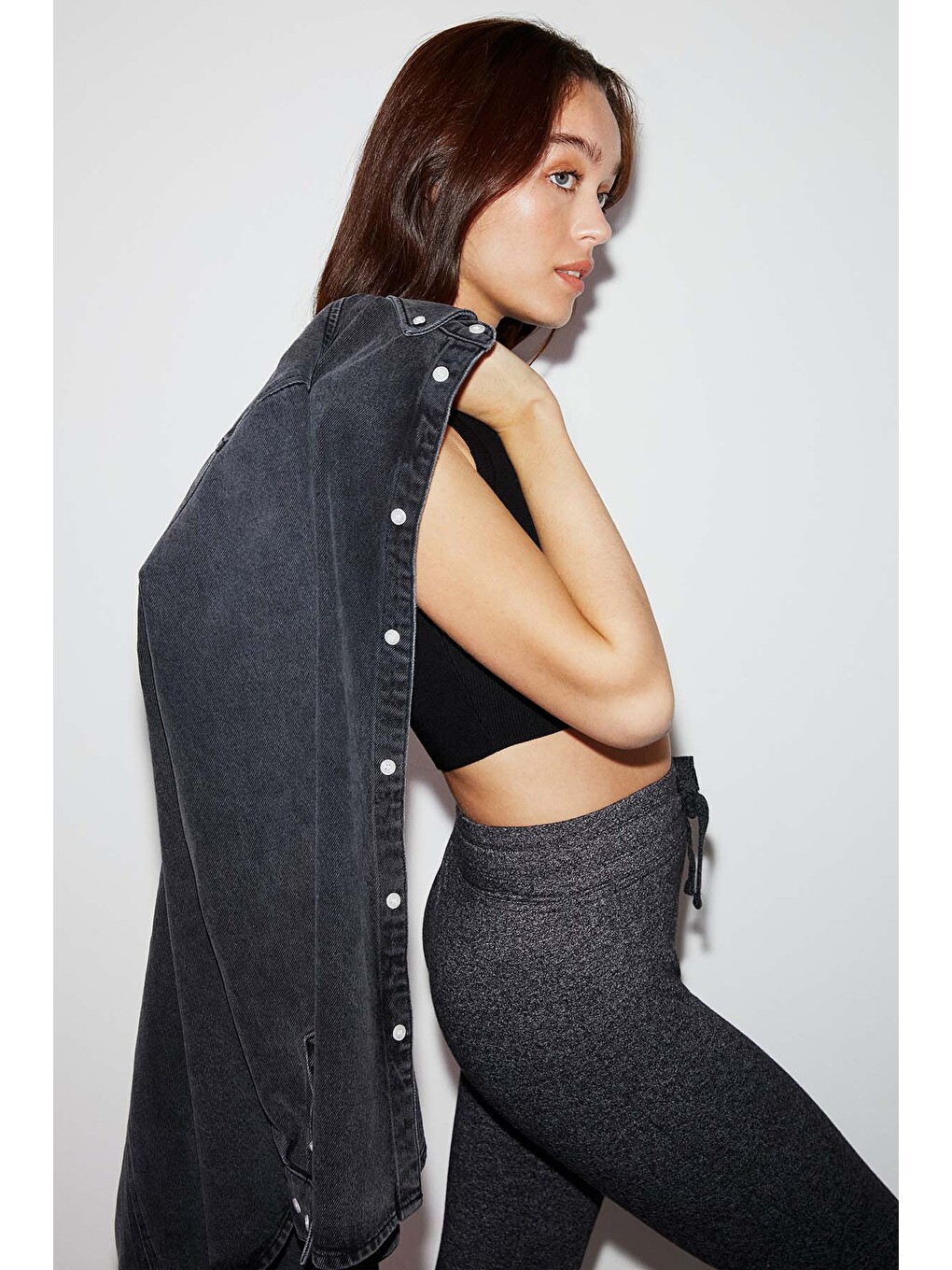 Judy Kadın Slim Fit Beli Lastikli Bağlamalı Basic Koyu Gri Tayt-4