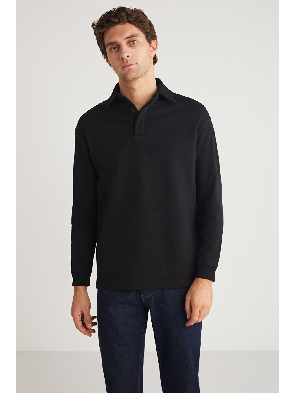 John Erkek Polo Sweat Gömlek Yakalı Organik Pamuklu Yırtmaçlı İçi Polarsız Siyah Sweatshirt-3