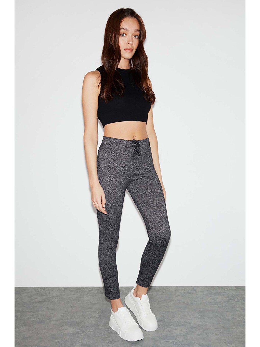 Judy Kadın Slim Fit Beli Lastikli Bağlamalı Basic Koyu Gri Tayt-5