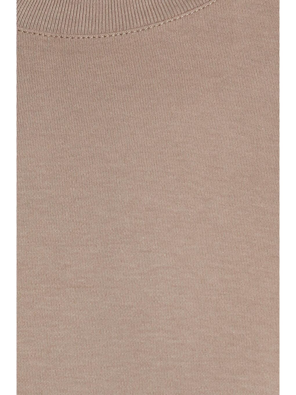 Bej Kadın Relax Fit Rahat Kesim %100 Pamuk Yumuşak Dokulu Hafif Kalın Basic Bisiklet Yaka Taş Tişört-5