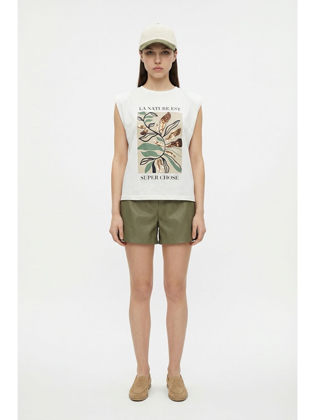 Pul İşlemeli Yaprak Baskılı Kolsuz Tişört Ekru-1