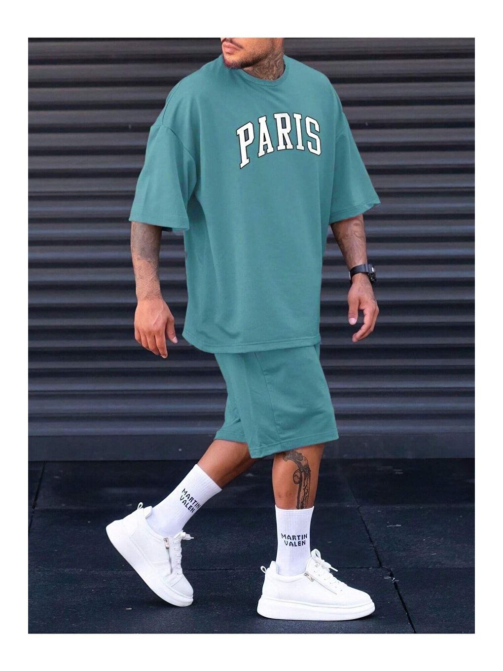 Trendseninle Yeşil Erkek Mint Paris Baskılı Oversize Şortlu Takım - 2