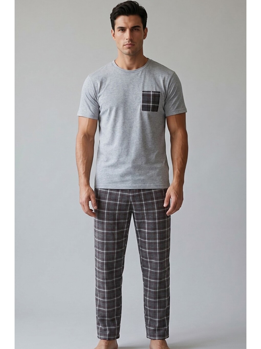 Karışık Cep Nakışlı Örme Kısa Kollu Pijama Takım 8000-1