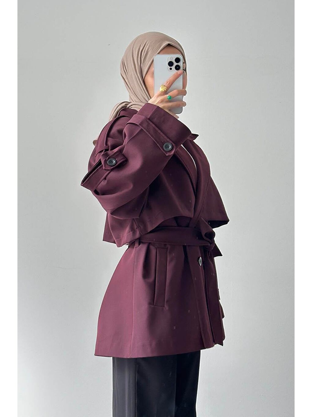 Omuz Apoletli Kısa Trençkot Bordo-1
