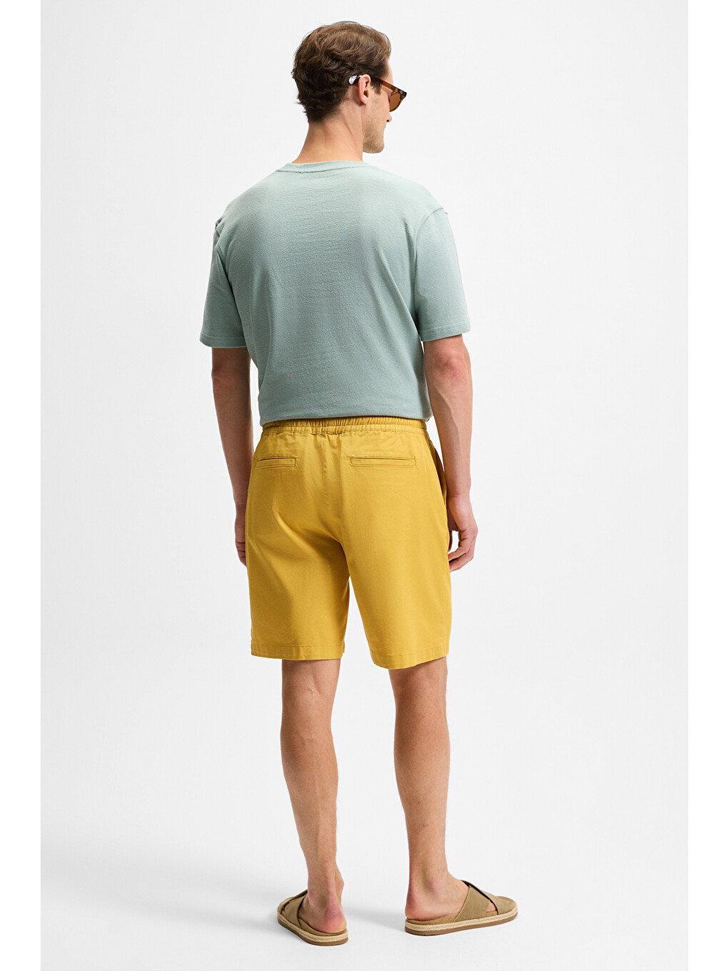 Sarı LASPER Erkek Elastanlı Yanları Cepli Beli Lastikli Relaxed Fit SAFRAN Şort-5