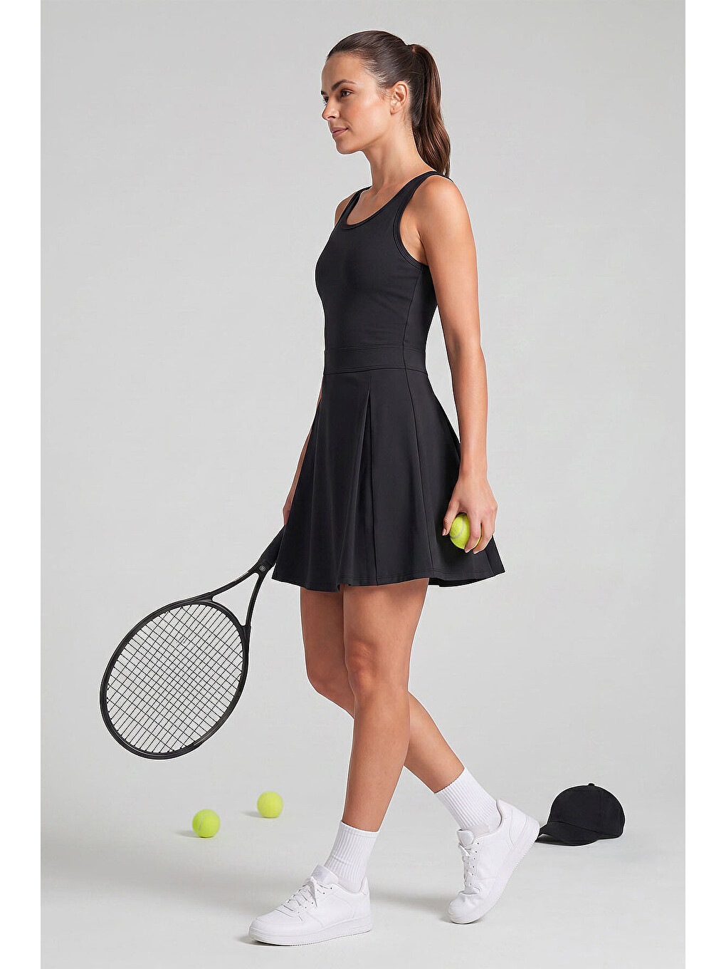 Siyah İçi Taytlı Kadın Tenis Elbise - 97320-2