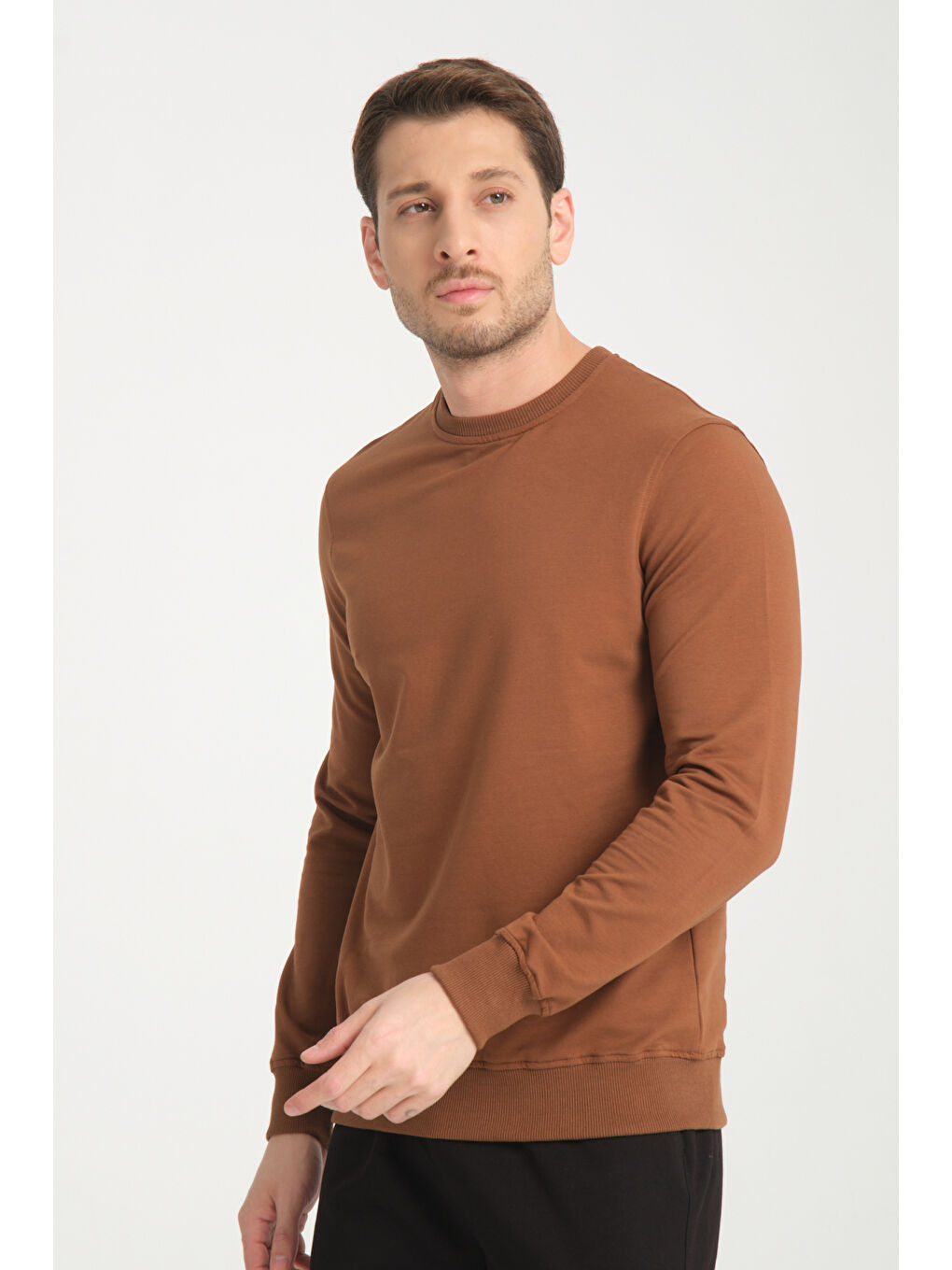 Kahverengi Bisiklet Yaka Basic İnce Erkek Sweatshirt