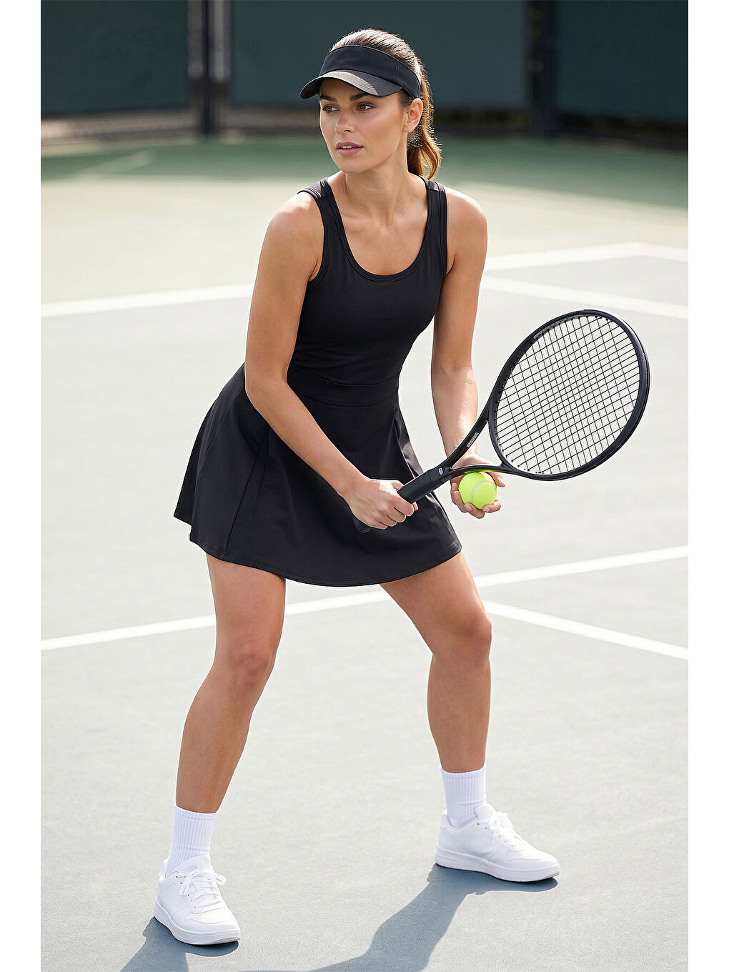 Siyah İçi Taytlı Kadın Tenis Elbise - 97320-3