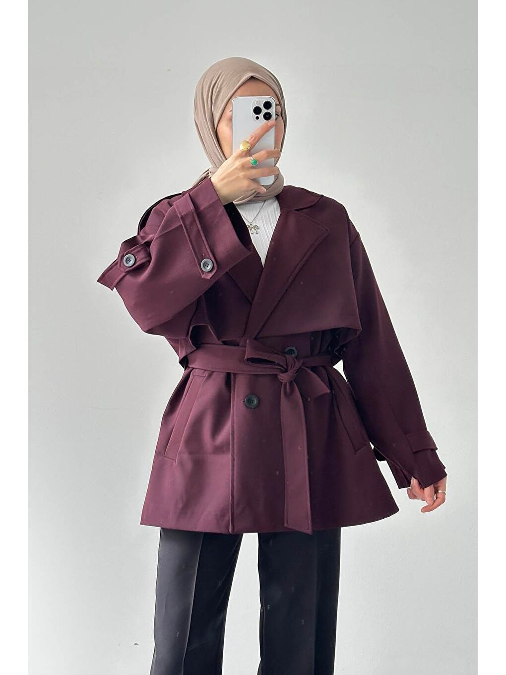 Omuz Apoletli Kısa Trençkot Bordo-2
