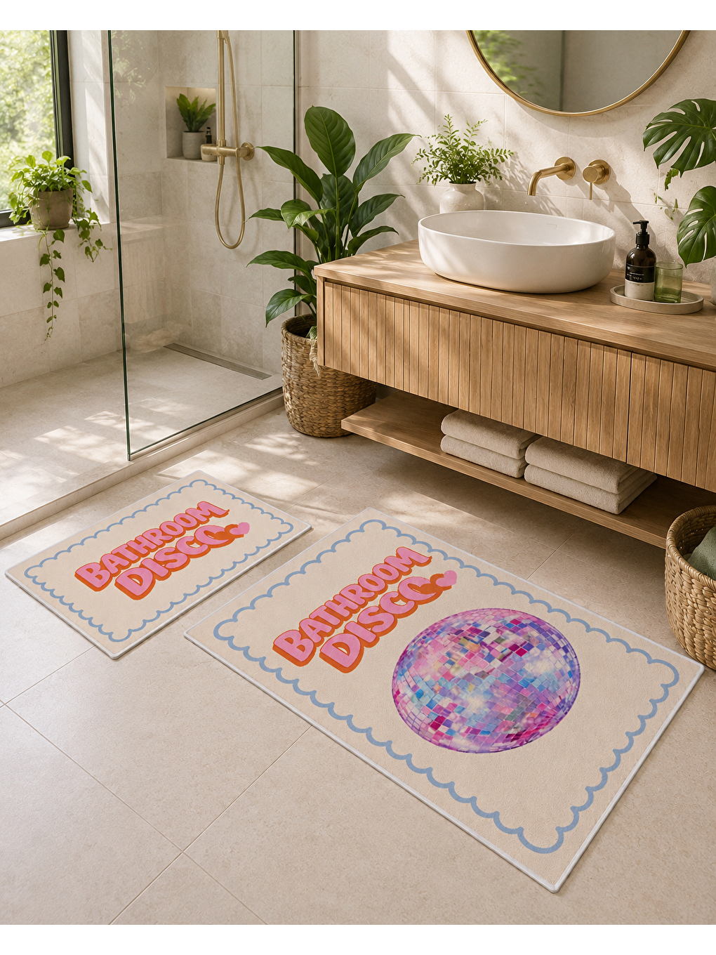 Pembe Pastel Retro Yazılı ve Disko Topu Desenli Banyo Paspası Dot Taban Üstü Kadife-1