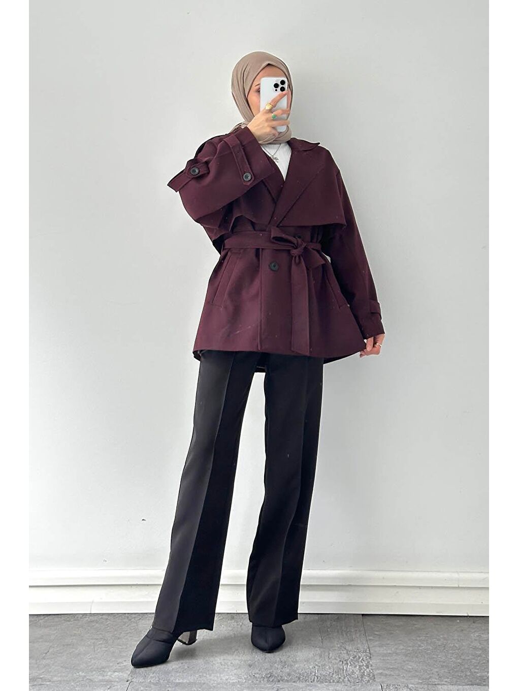 Omuz Apoletli Kısa Trençkot Bordo-3