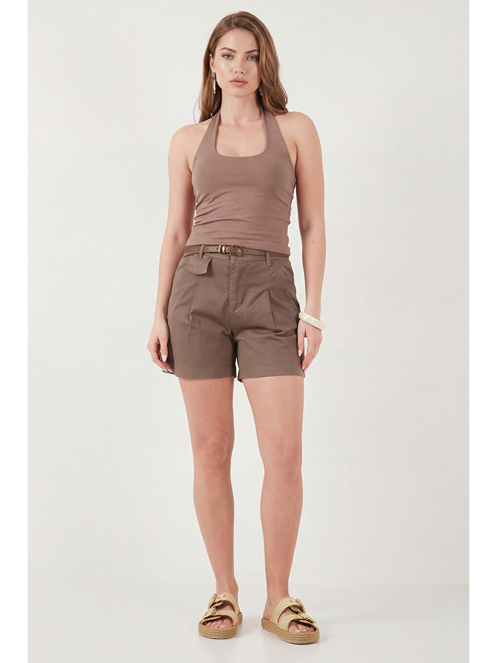 Kahverengi Slim Fit Halter Yaka Sırt Dekolteli İkili Paket Bluz 5866664-4