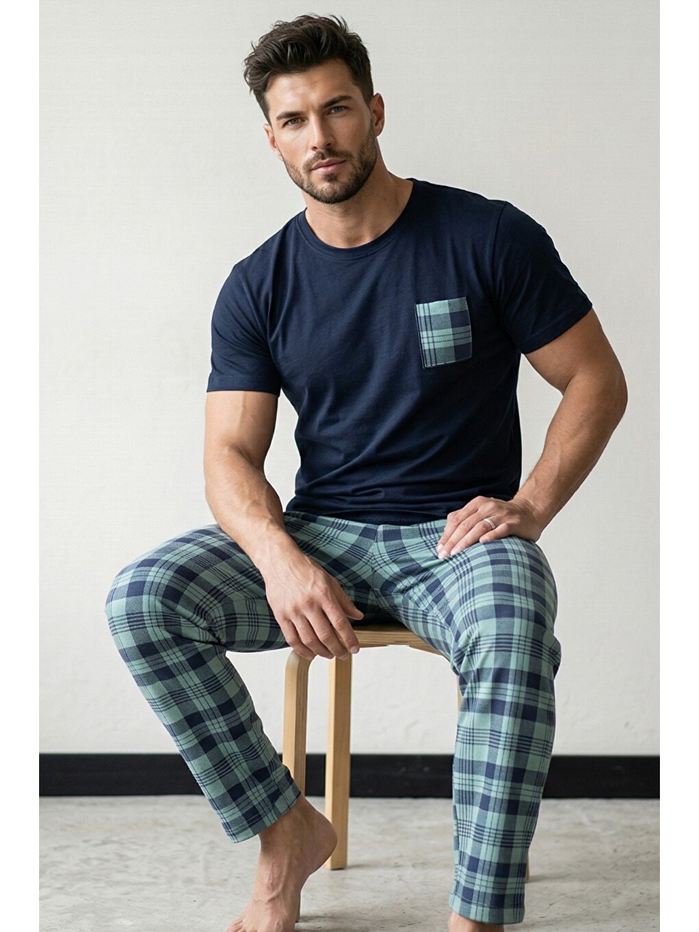 Lacivert Cep Nakışlı Örme Kısa Kollu Pijama Takım 8000