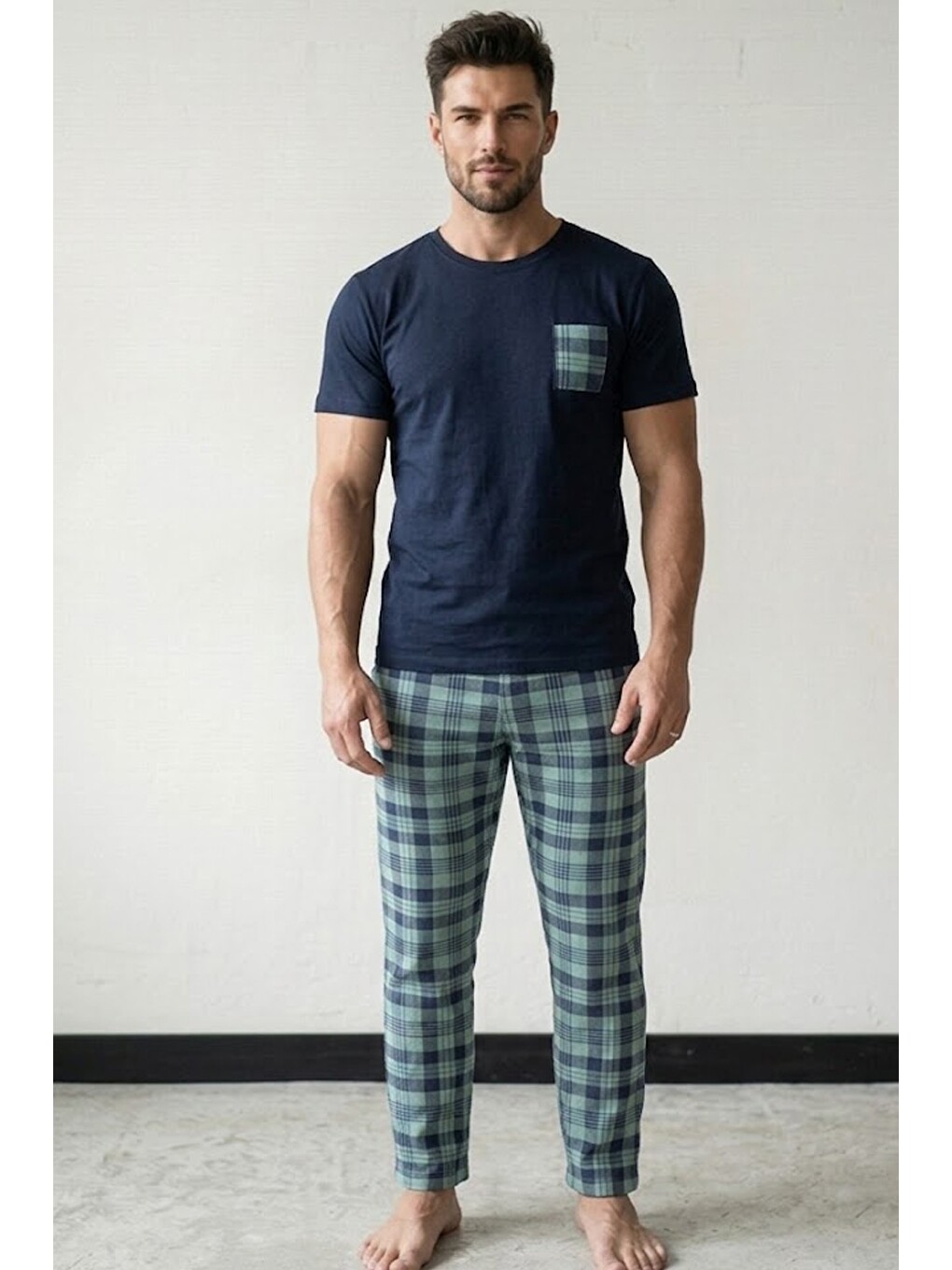 Lacivert Cep Nakışlı Örme Kısa Kollu Pijama Takım 8000-1