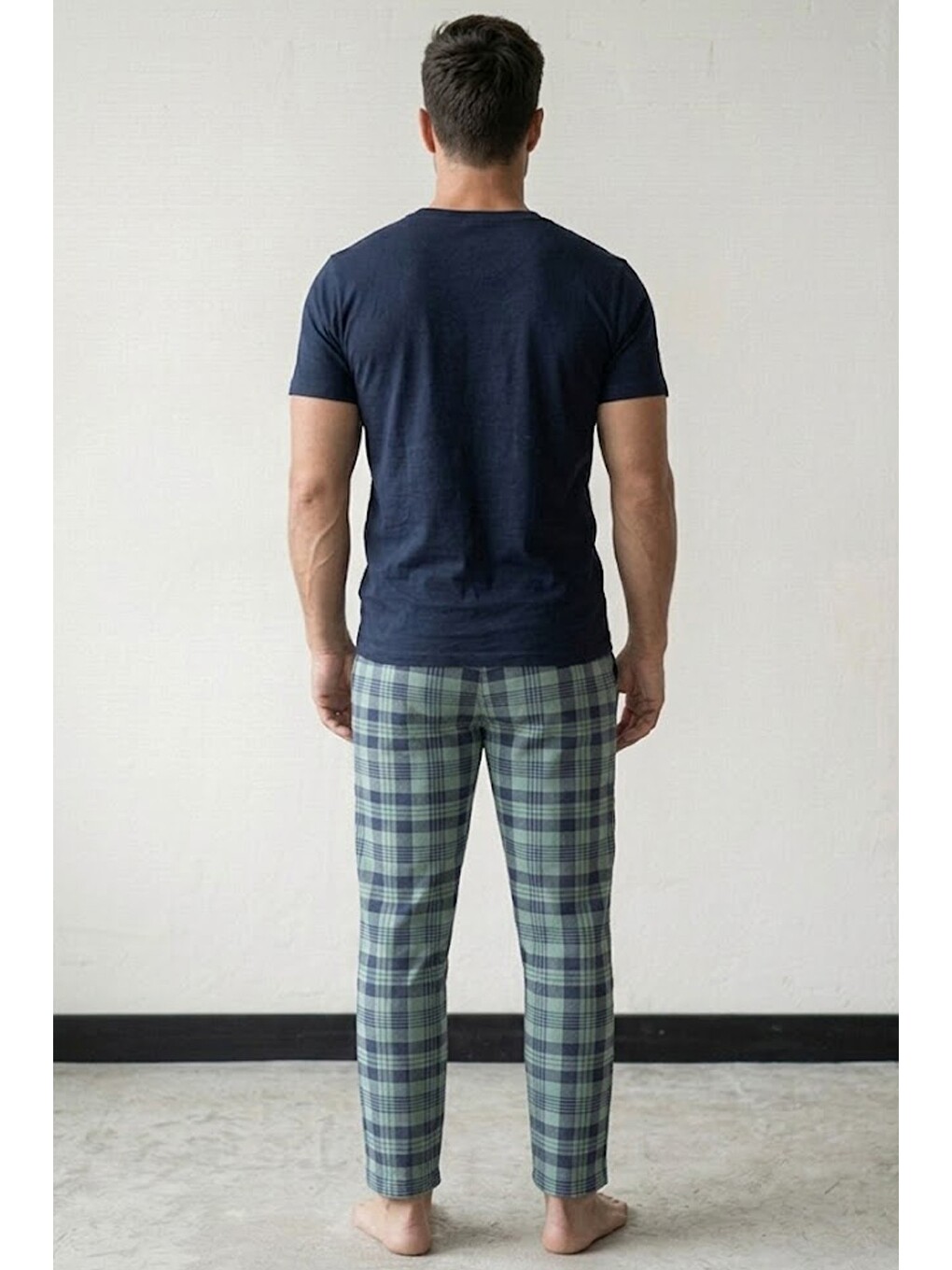 Lacivert Cep Nakışlı Örme Kısa Kollu Pijama Takım 8000-2