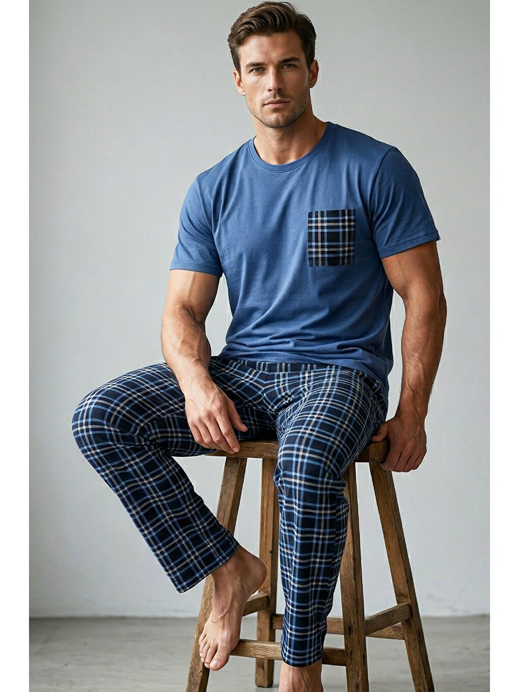 İndigo Cep Nakışlı Örme Kısa Kollu Pijama Takım 8000