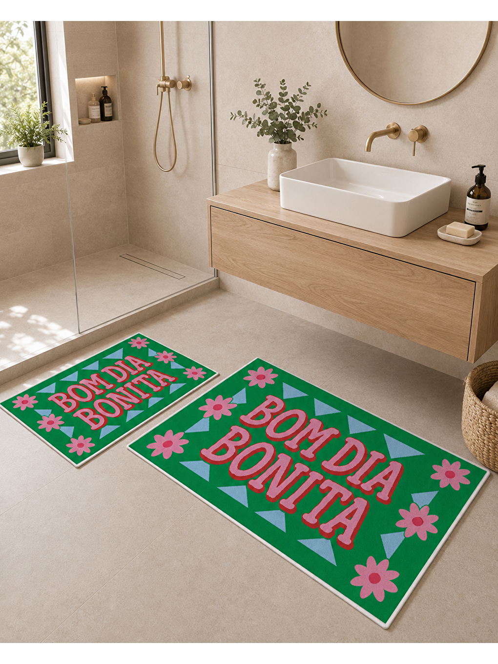 Yeşil Pembe Bon Dia Bonita Yazılı Banyo Paspası Dot Taban Üstü Kadife-2