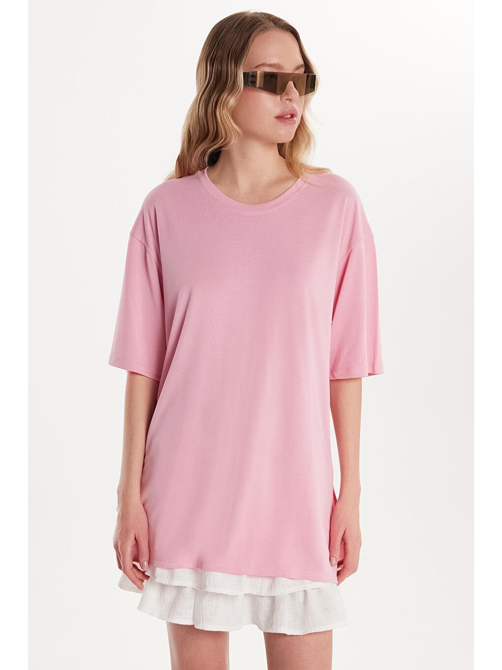 Kadın Modal Kumaş Regular Fit Kısa Kollu Bisiklet Yaka Pembe Tişört-3