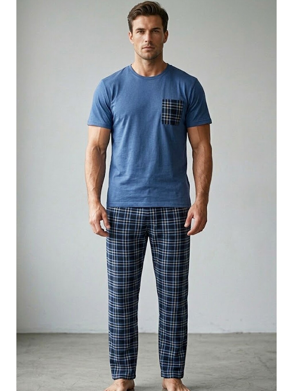 İndigo Cep Nakışlı Örme Kısa Kollu Pijama Takım 8000-1
