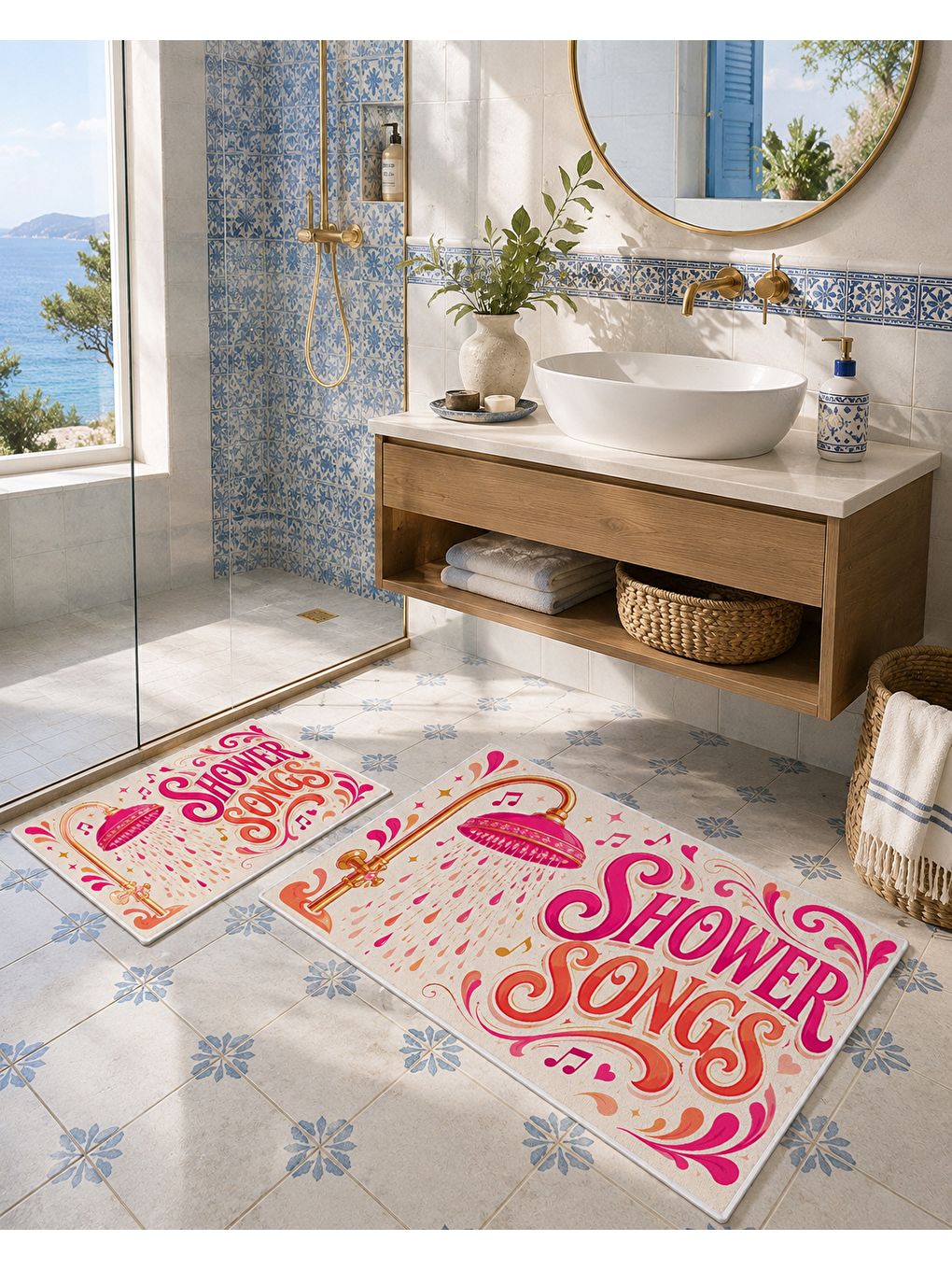 Pembe Retro Yazılı Duş Temalı Banyo Paspası Dot Taban Üstü Kadife-2