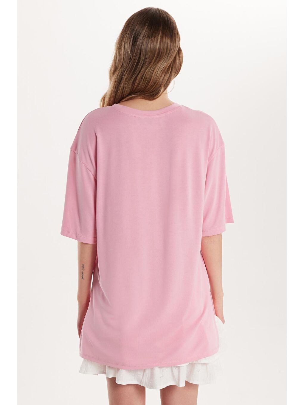 Kadın Modal Kumaş Regular Fit Kısa Kollu Bisiklet Yaka Pembe Tişört-4