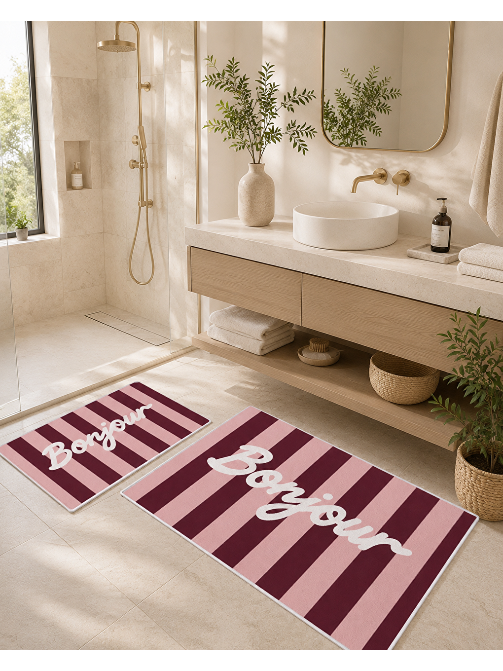 Bordo Çizgili Bonjour Yazılı Banyo Paspası Dot Taban Üstü Kadife-2