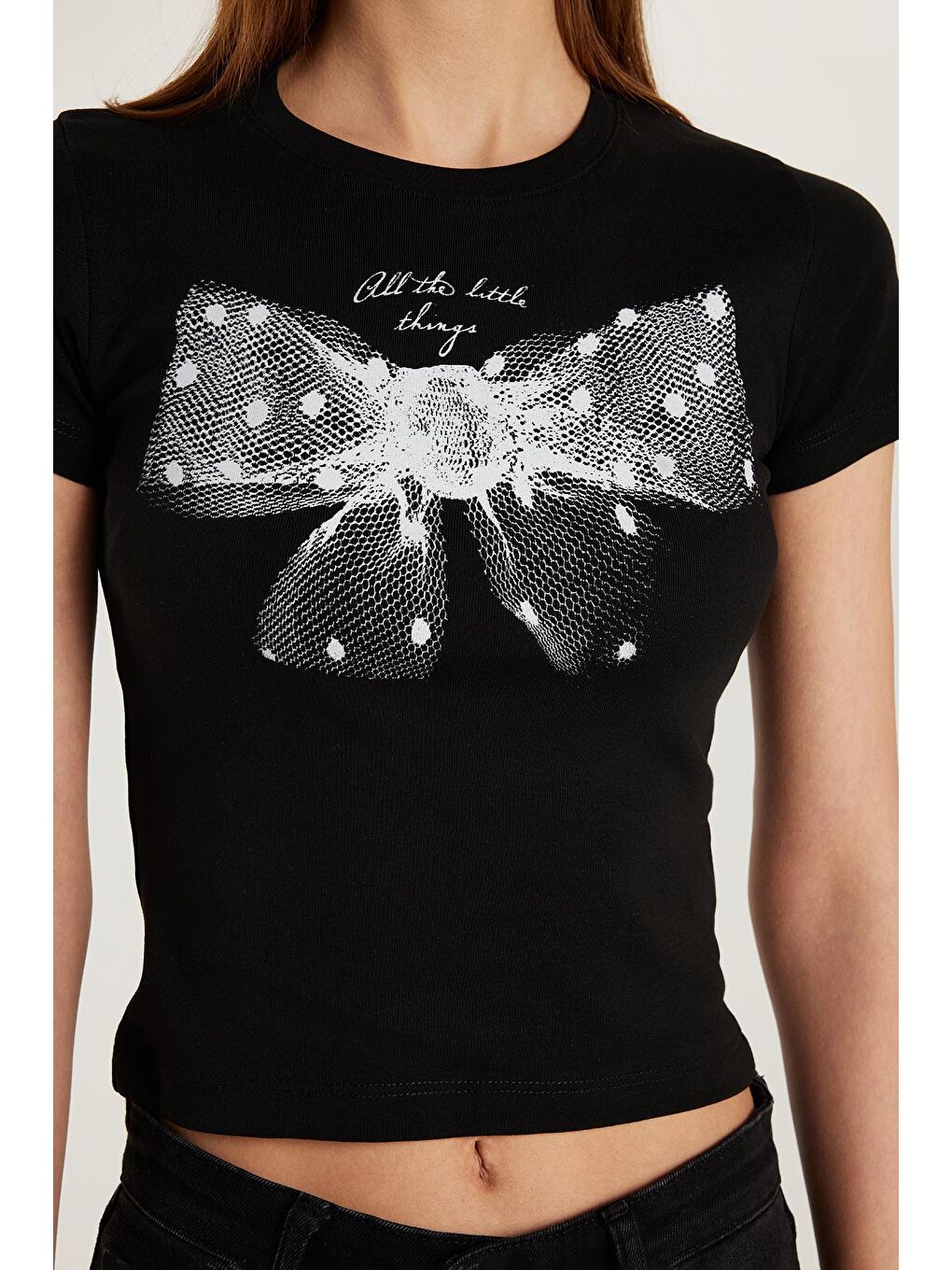 Kadın Slim Fit Dar Kesim %100 Pamuk Kısa Kollu Bisiklet Yaka Baskılı Siyah Tişört-2