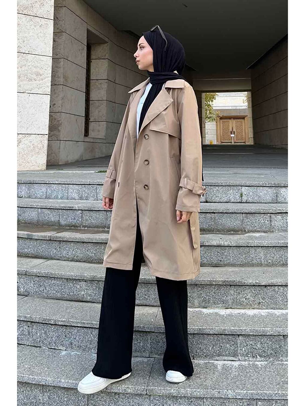 Bej Klasik Kuşaklı Trenç Vizonrengi-1